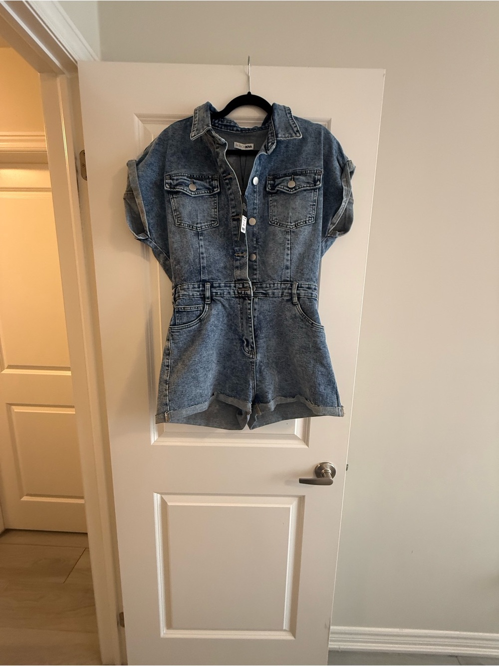 Fashion Nova Light Blue Denim Short Jumpsuit